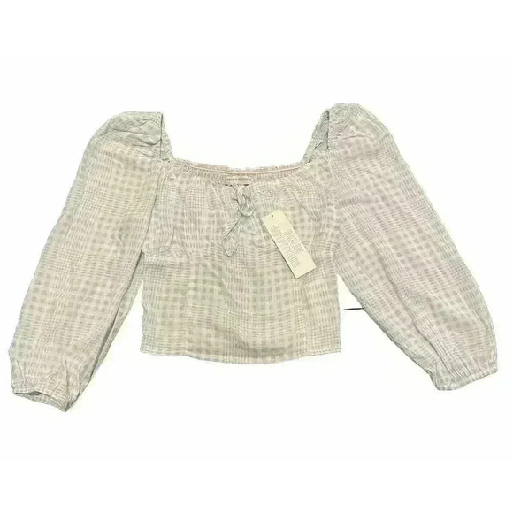 Urban Outfitters Blue Gingham Crop Top ruched square neck XS y2k Blouse Shirt - Picture 3 of 6